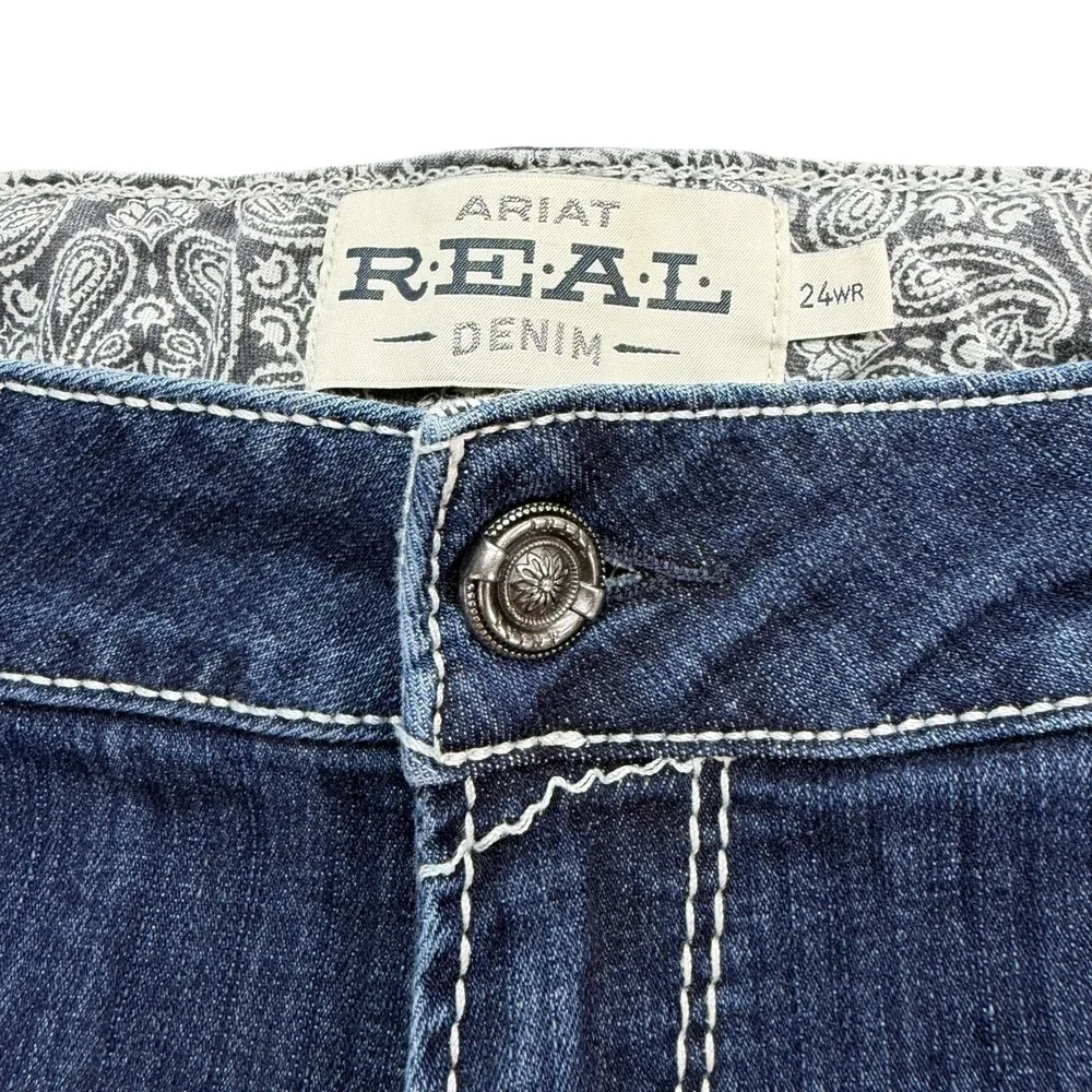 Ariat Womens Jeans 24WR REAL Bootcut Blue Cotton Blend Mid Rise Thick Stitch